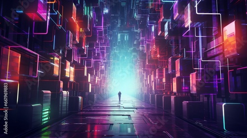 Produce a futuristic geometric abstract image with neon lines and cyberpunk aesthetics, immersing viewers in a digital world. photo
