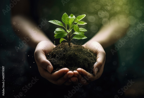 A human holds a seedling of a young plant in his hands