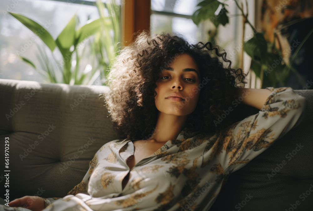 Black woman resting on sofa at living room. Black woman resting on sofa at living room.