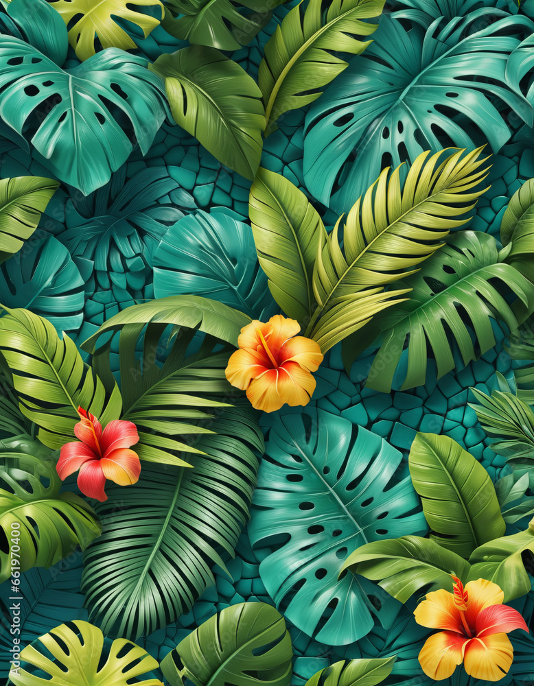 Naklejka premium background with tropical flowers patterns and texture