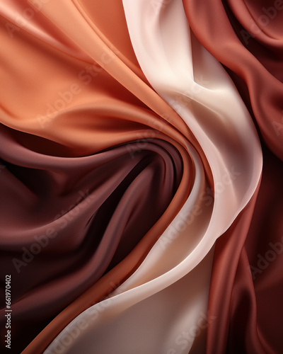 Background of flowing shiny chocolate brown satin or silk, fashionable bright background of smooth silky fabric