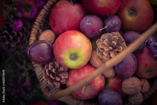 Close-up basket autumn fruits