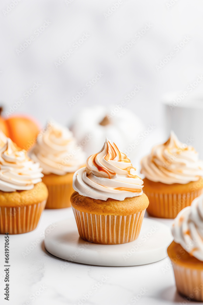 Delicious pumpkin cupcake with buttercream on light background.