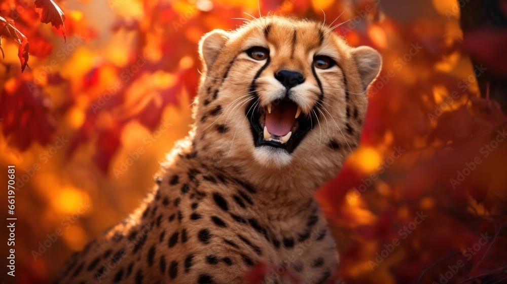 Obraz premium Portrait of happy cheetah rejoices in autumn.