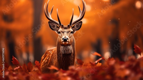 Portrait of happy deer rejoices in autumn. © vlntn