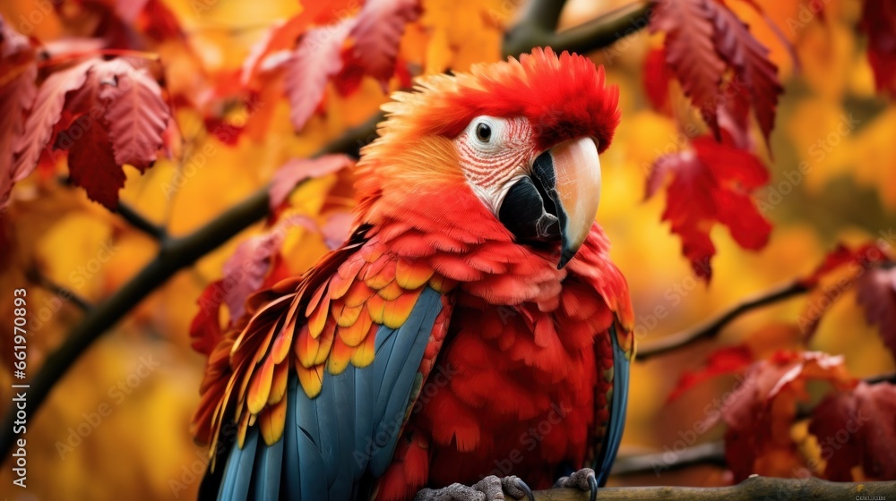 Obraz premium Portrait of happy parrot rejoices in autumn.