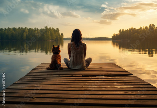 A woman with a dog is sitting by the lake