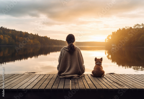 A woman with a dog is sitting by the lake