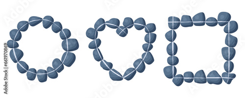 Set of frames made of striped pebbles different shapes on white background. Flat style with shadows. Balance harmony. Vector illustration