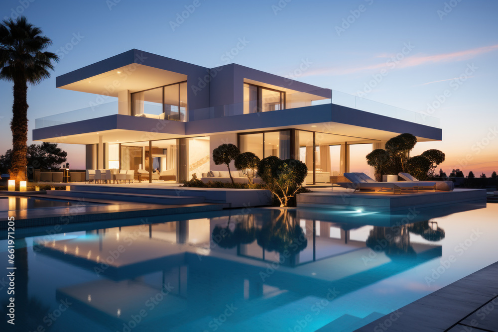 Minimalist cubic house exterior with swimming pool, modern country house, seaside holiday in modern villa, sunset view