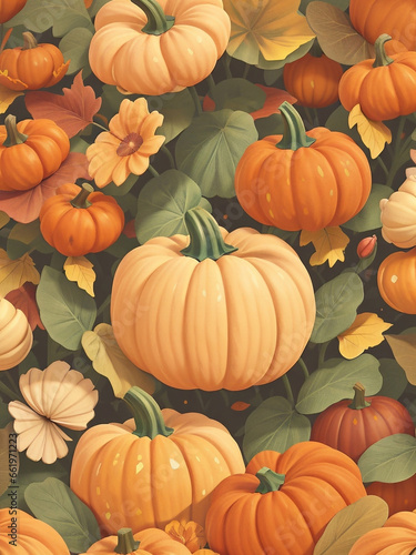 Illustrated Vintage Autumn Flower Fall floral Pumpkins pattern background Wallpaper Textile Print. Happy Halloween Day. Happy Thanksgiving Day