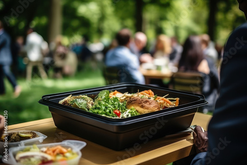 Office workers in business suits have lunch in the park and eat pre-prepared healthy food from a lunchbox, lunch or brunch in nature