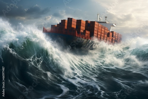a container ship amidst large ocean waves. Generative AI