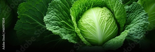 Big fresh cabbage on green background, wide horizontal panoramic banner with copy space, or web site header with empty area for text.