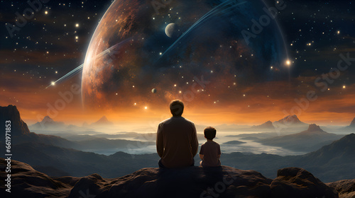 Stellar Reflections: Father and Child in Awe of the Universe