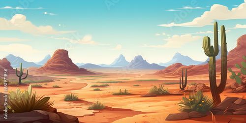 Desert sandy landscape with cactuses and blue sky, illustrative background wallpaper 