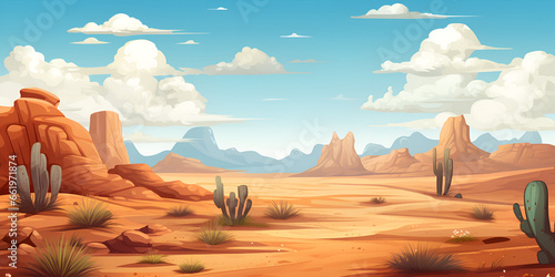 Desert sandy landscape with cactuses and blue sky, illustrative background wallpaper 