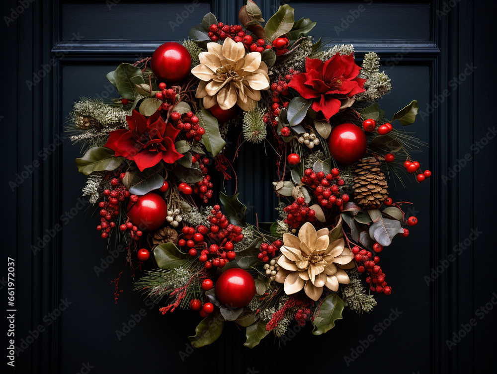 Christmas wreath on a dark wooden background. Christmas wreath on a dark wooden background.