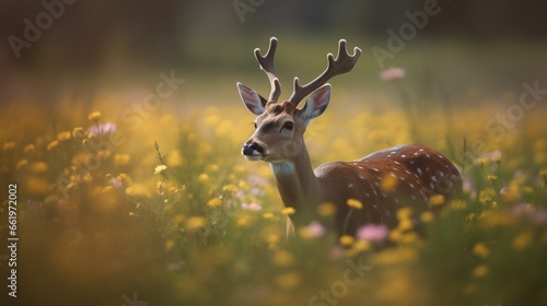 Beautiful deer stag with big antlers on a meadow full of wild flowers. Sketchbook horizontal cover template. Outdoor nature background. © Sunny_nsk
