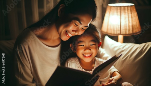 Photo capturing a close-up moment of a mother and daughter of Asian descent, bonding over a captivating story.