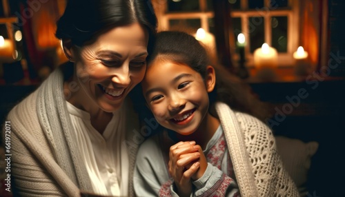 Close-up photo of a mother and daughter of Hispanic descent, lost in the allure of a bedtime tale.