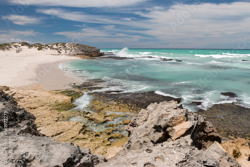 sandy and rocky beach on a sunny and windy day  Whale trail  De Hoop Nature Reserve  Overberg  South Africa