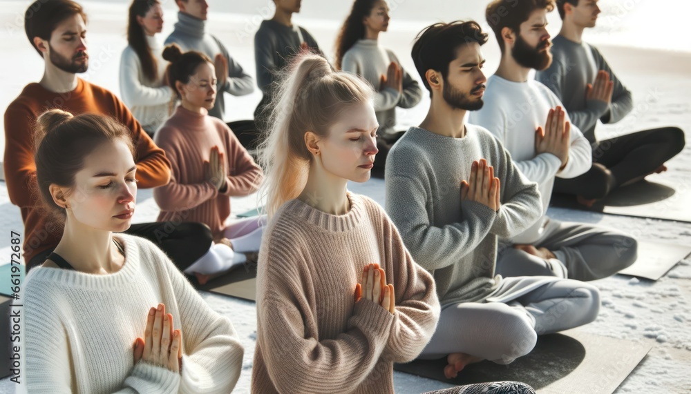 Close-up photo of a diverse group of individuals practicing yoga poses on a snowy beach. - obrazy, fototapety, plakaty 