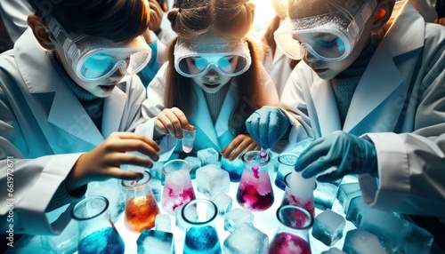 Photo capturing a close-up view of children  donned in lab coats and goggles  as they playfully experiment with colored liquids on ice.
