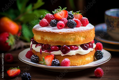 food photography victoria sponge cake close - up, generative ai