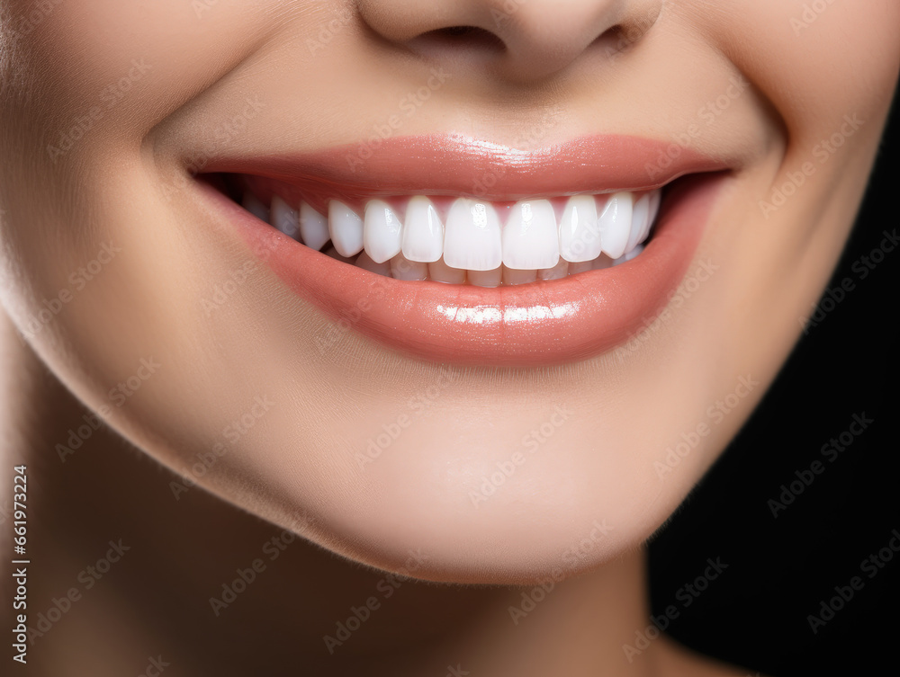 Banner with close-up of a beautiful smiling woman with white perfect teeth isolated on dark black. Banner with close-up of a beautiful smiling woman with white perfect teeth isolated on dark black.
