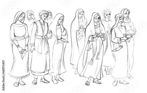 Five wise and five foolish virgins. Pencil drawing
