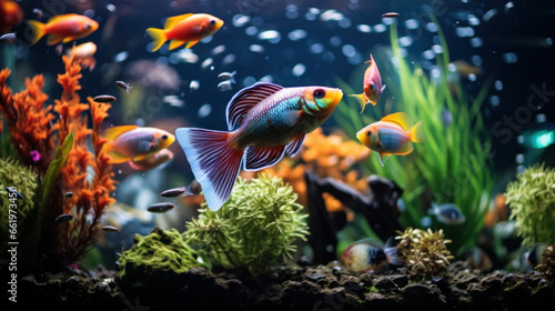 Aquarium fish swim among algae and stones, corrals and underwater plants in an aquarium © pundapanda