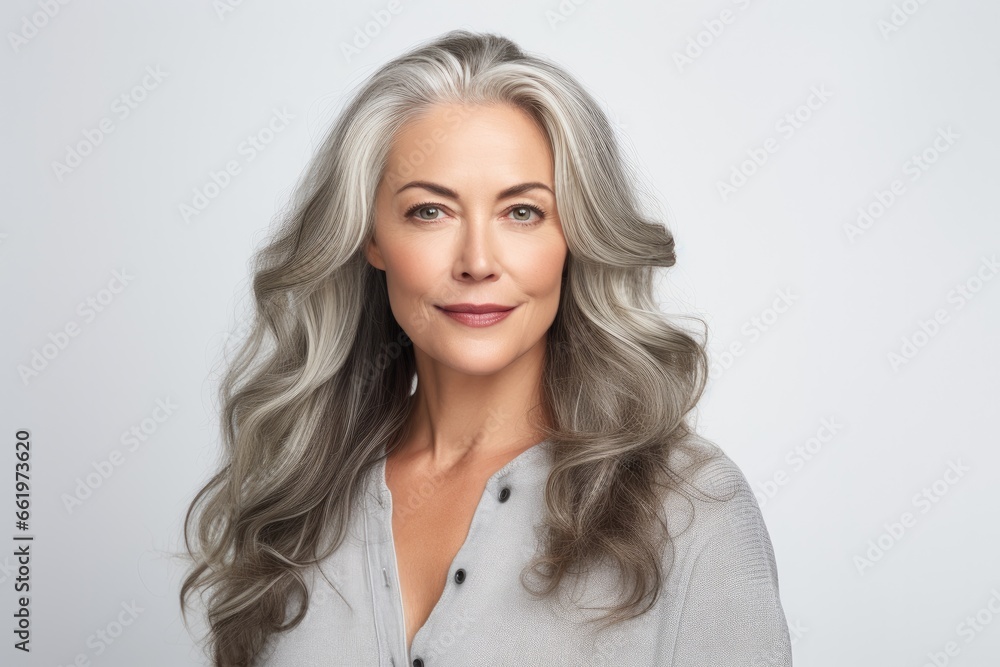 Fototapeta premium A serene and confident mature Caucasian woman in her 50s or 60s, radiating natural beauty and happiness in a studio portrait.