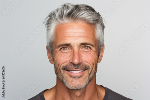 A confident, mature Caucasian man with a charming smile and a trendy, stylish appearance in a studio portrait.