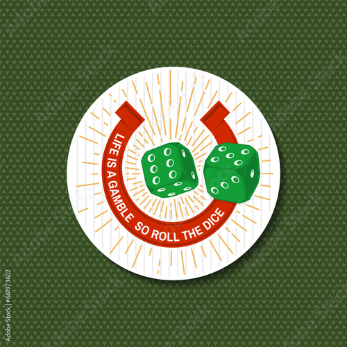 Gambling lucky sticker, logo, badge design with two dice and horseshoe silhouette. life is a gamble so roll the dice. Vector. Two dice and horseshoe for gambling industry, sport lottery services.