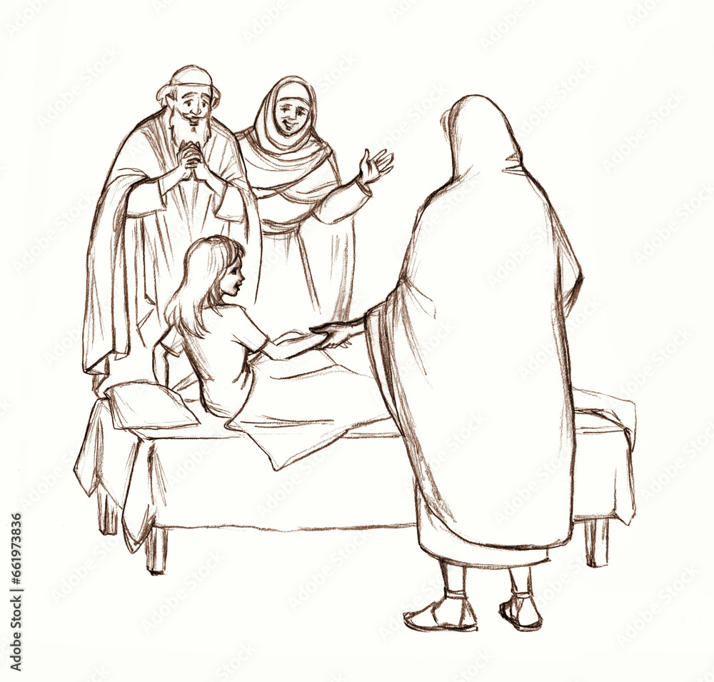 Healing of the daughter of Jairus. Pencil drawing Healing of the daughter of Jairus. Pencil drawing