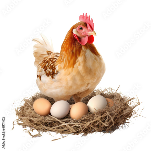 Illustration of hen with eggs on nest made of hay isolated on transparent background. PNG clip art.