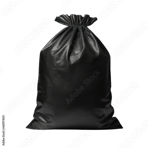 Black plastic garbage bag isolated on white or transparent background, png clipart, design element. Easy to place on any other background.