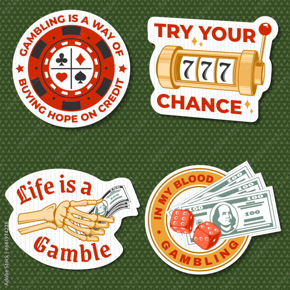 Gambling sticker, logo, badge design with wheel of fortune, two dice and skeleton hand holding dollar silhouette. Vector. Wheel of fortune, two dice and skeleton hand holding dollar for gambling