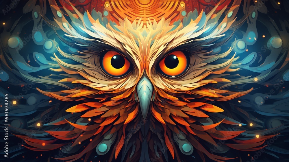 Vivid psychedelic bird face with saturated multicolored feathers and large expressive eyes, captivating diversity and colorful beauty of natural world, diversity of birds families and species - obrazy, fototapety, plakaty 