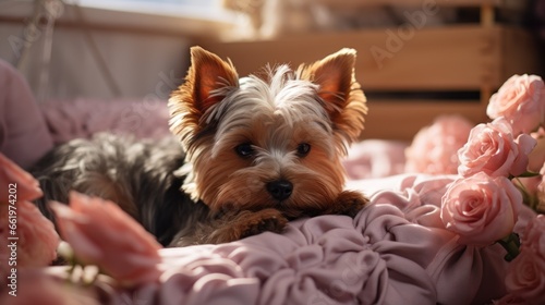 Cute and adorable Yorkshire terrier relax in a cozy bedroom. Sleepy dog. Indoor background with copy space. © Sunny_nsk
