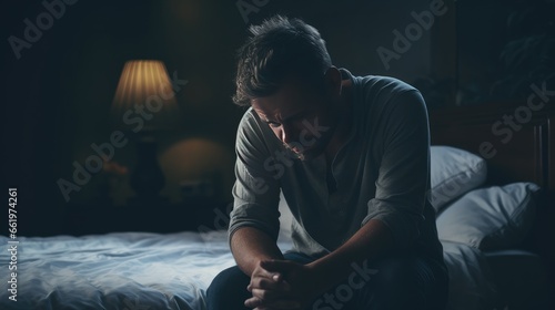 Sad businessman sitting holding hands on the bed in a dark bedroom.