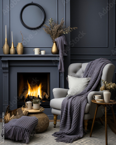 Modern interior with blue armchaire and fireplace. Copy space, house design, luxury lifestyle, relax and holiday concept. Scandinavian style