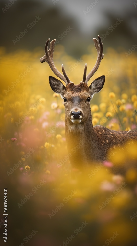 Fototapeta premium Vertical illustration of deer stag in the beautiful blooming field. Wild flowers outdoor nature background. Mobile splash screen template.