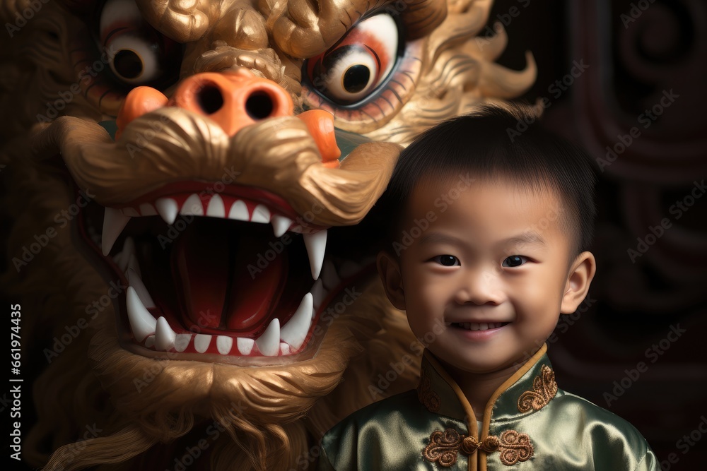 Chinese boy in traditional Chinese costume, with a giant Chinese traditional dragon behind.
