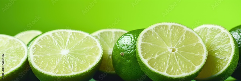 Fresh lime on green background, wide horizontal panoramic banner with copy space, or web site header with empty area for text.