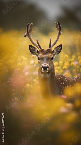 Vertical illustration of deer stag in the beautiful blooming field. Wild flowers outdoor nature background. Mobile splash screen template. © Sunny_nsk
