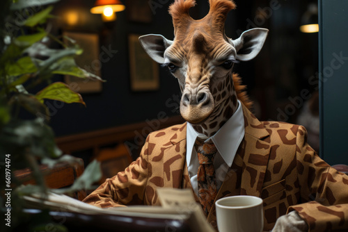 Humanised animals concept. funny character personage. humanized giraffe in suit and tie read newspaper  on dark background. businessman style. © Анна Мартьянова