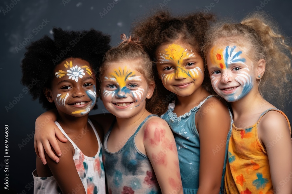 Children at a joyful summer party, their portraits adorned with face paintings, celebrating with friends