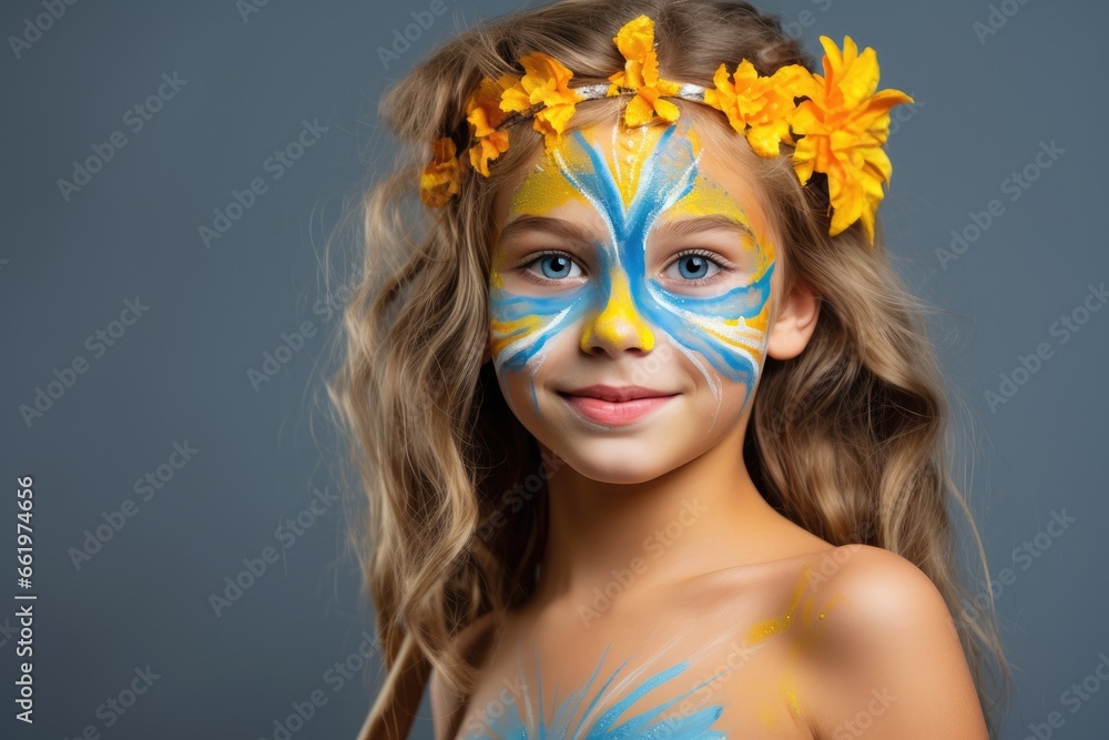 A cute Caucasian girl's portrait at a masquerade party, showcasing artistic makeup and a playful butterfly mask. A cute Caucasian girl's portrait at a masquerade party, showcasing artistic makeup and a playful butterfly mask.